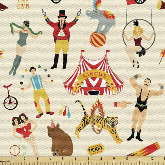 Ambesonne Circus Fabric by the Yard Upholstery, Retro Circus Firgures, 10 Yards, Multicolor
