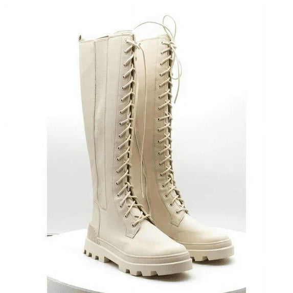 Circus by Sam Edelman Ina Ivory Round Toe Lace Up Zipper Block Heel Tall Boots (Ivory, 10)
