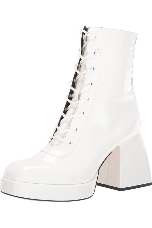 Circus by Sam Edelman Kia White Patent Lace Up Round Toe Chunky Block Heel Boots (White Patent, 9.5)