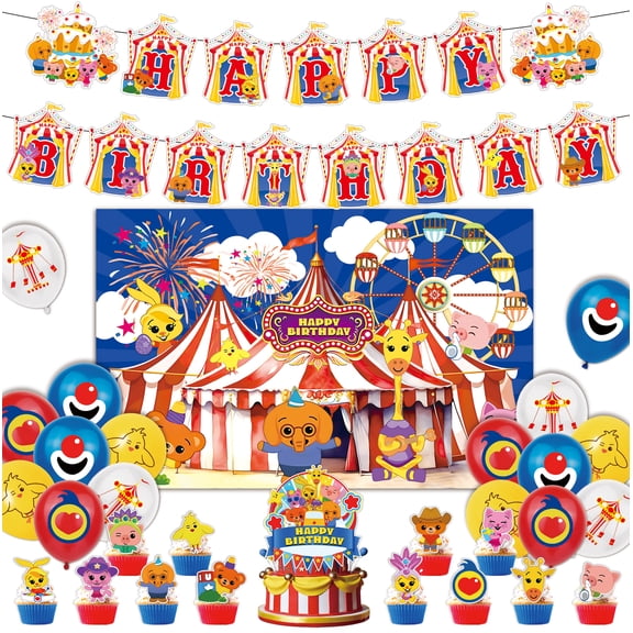Circus-themed birthday party decorations, including a Happy Birthday banner, backdrop, balloons, cake, and cupcake decorations, perfect for carnival-themed children's birthday parties