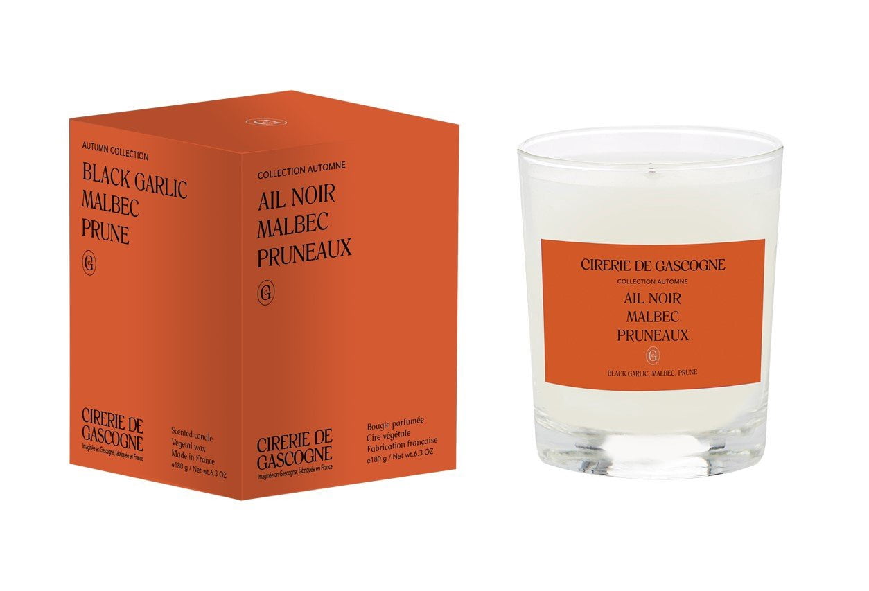 Cirerie de Gascogne Black Garlic, Malbec, Prune Blend Candle, Cirerie de Gascogne Scented Candle in Orange, Handmade Candle in Glass Jar Ail Noir, Malbec, Pruneaux