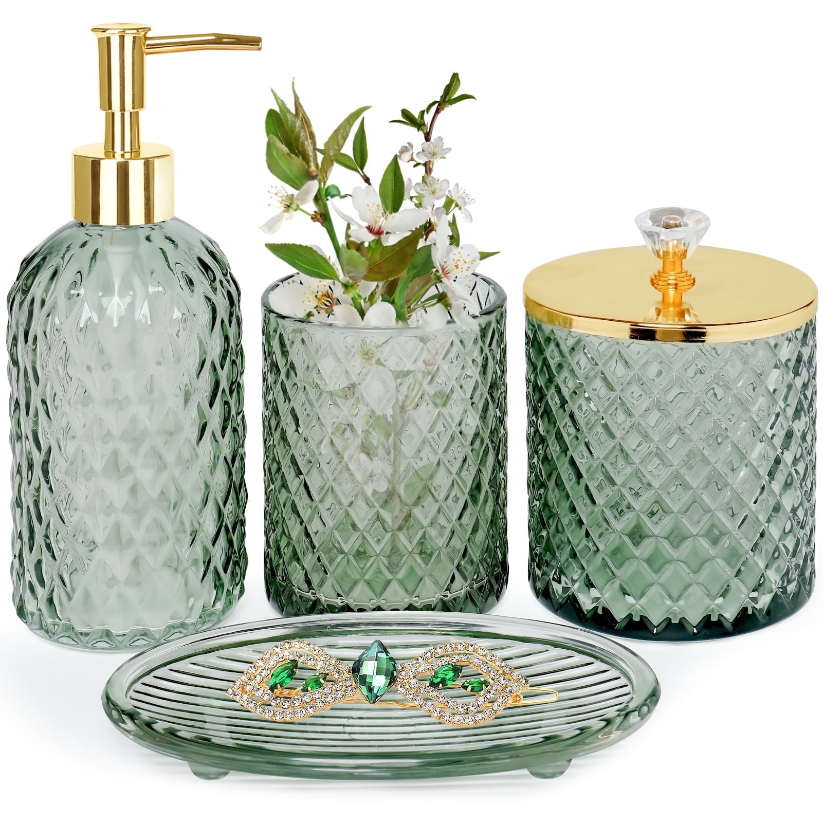Cirhy 4-Piece Green Glass Bathroom Accessories Set, Lotion Soap Dispenser, Toothbrush Holder, Qtip Holder, Soap Dish, Modern Bathroom Decor Set for Countertop Organization