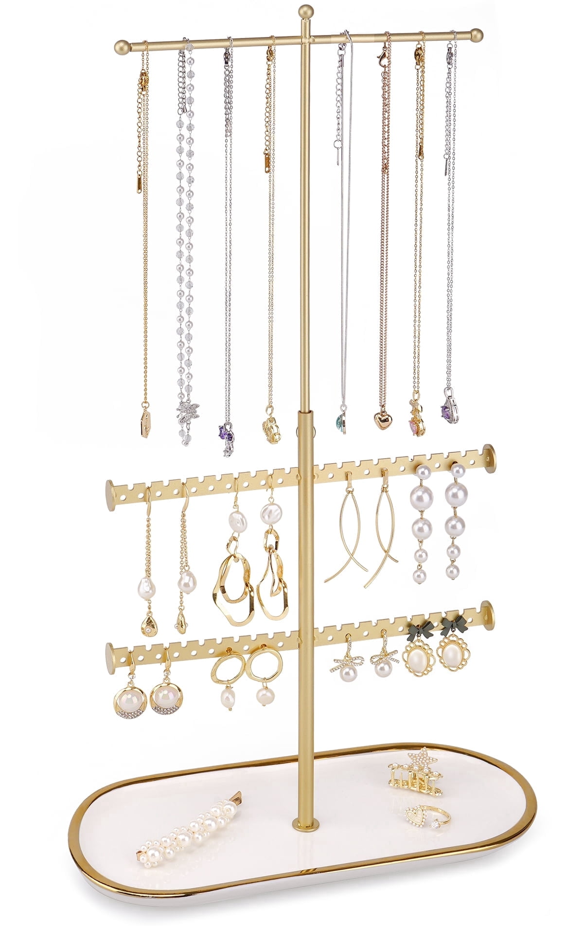 Cirhy Gold Jewelry Organizer Stand with Ceramic Tray – Jewelry Holder for Necklaces, Earrings, Rings & Bracelets, Decorative Jewelry Display for Vanity Dresser, Gift for Women & Girls