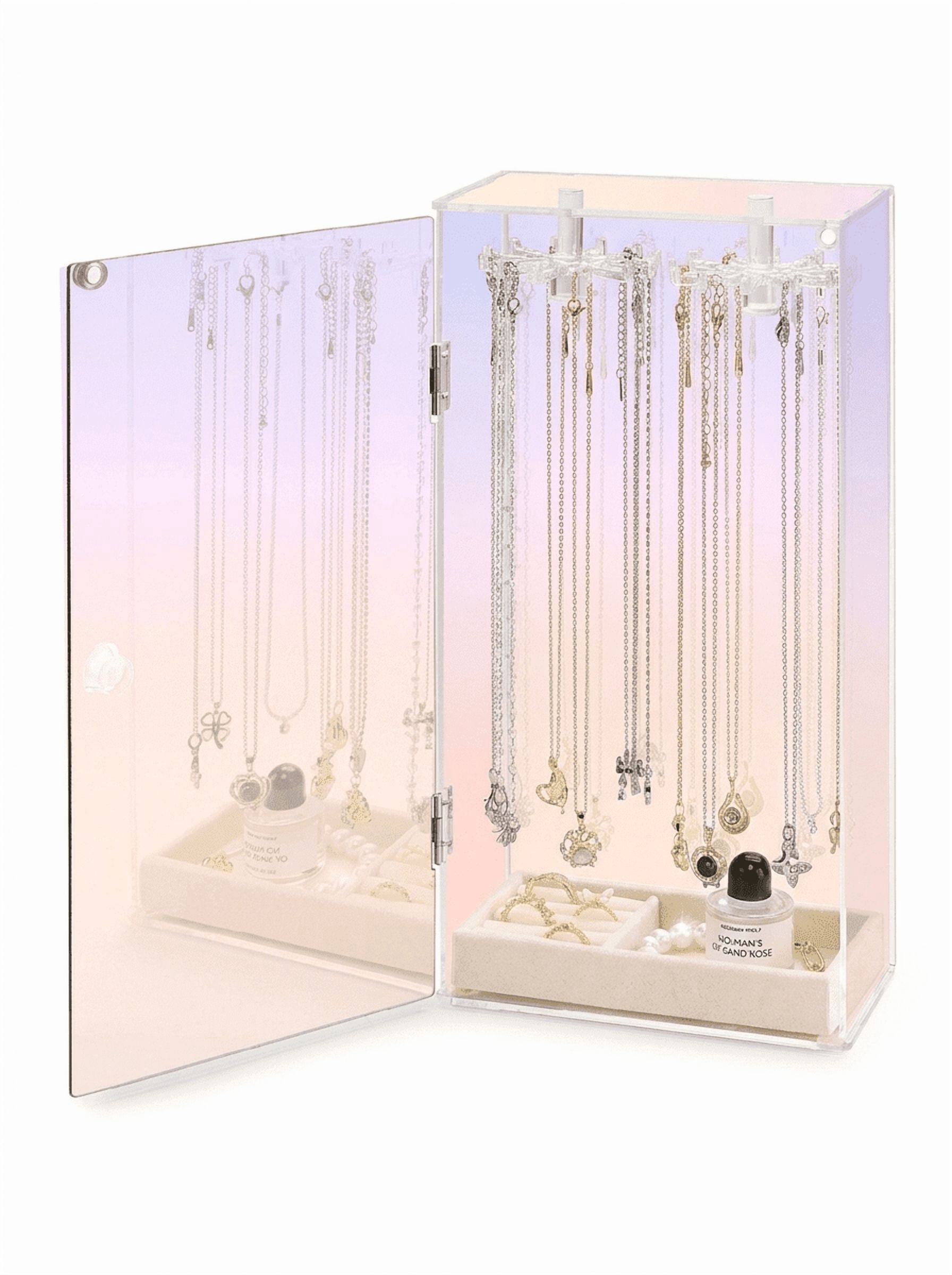 Cirhy Iridescent Acrylic Necklace Holder with Velvet Tray, 24 Rotatable Hooks Jewelry Organizer Box, Dustproof Rainbow Necklace Storage for Necklaces, Earrings, Rings, Bracelets