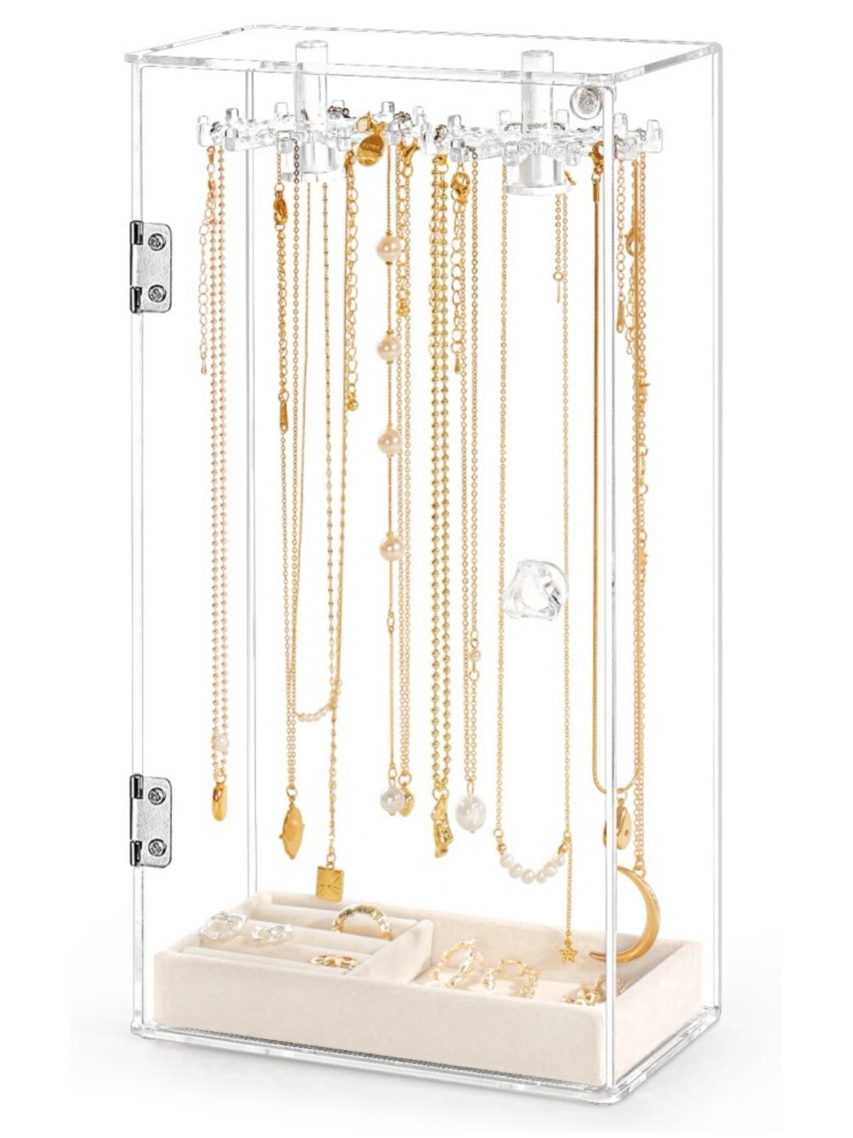 Cirhy Square Necklace Holder with Velvet Tray, Clear Acrylic Rotating Jewelry Organizer Box, Dustproof Necklace Display Case with 24 Hooks for Necklaces, Rings, Earrings, Bracelets
