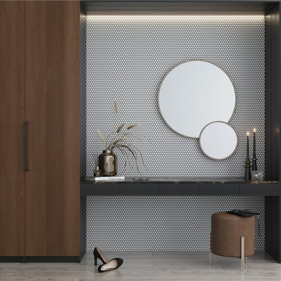 Cirkel 11.46 in. x 12.4 in. Glossy Beige Porcelain Mosaic Wall and Floor Tile (9.87 sq. ft./case) (10-pack)