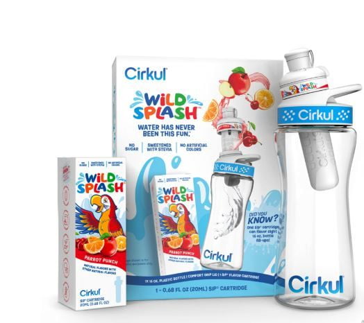Cirkul 16oz Plastic Water Bottle Starter Kit with Blue Lid, 1 Flavor Cartridge (Wild Parrot Punch)
