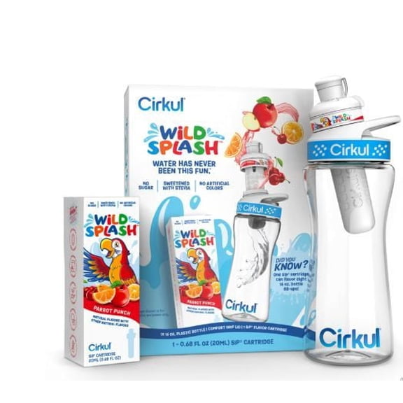 Cirkul 16oz Plastic Water Bottle Starter Kit with Blue Lid, 1 Flavor Cartridge (Wild Parrot Punch)