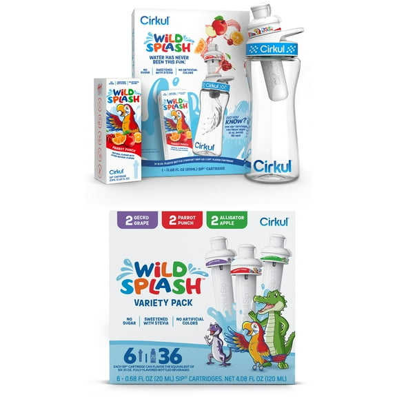 Cirkul 16oz Plastic Water Bottle Starter Kit with Blue Lid, 1 Flavor Cartridge & Wild Splash Flavor Cartridge Variety Pack, Drink Mix, 6-Pack
