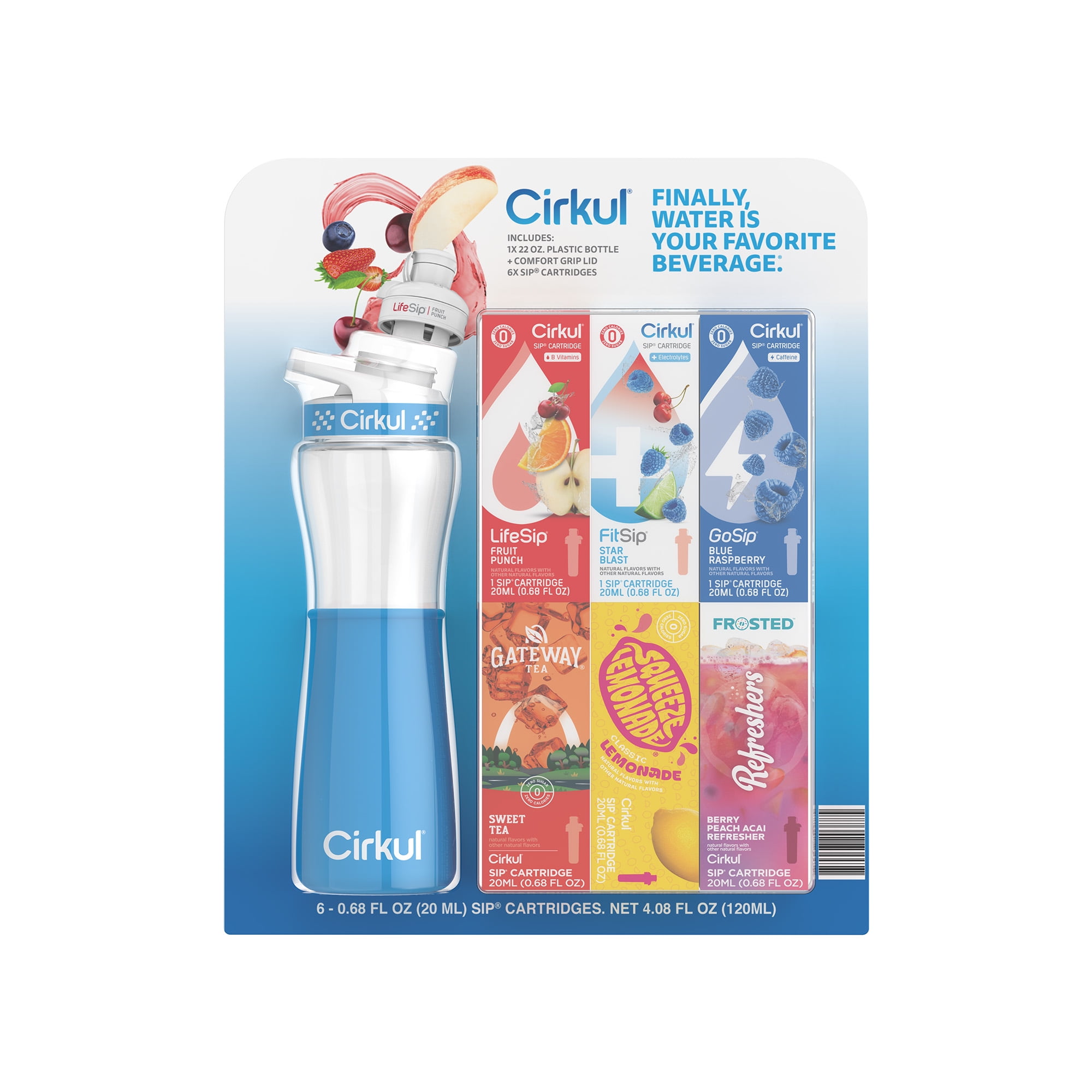 Walmart Deals of Cirkul 22 fl oz Plastic Bottle and Blue Chill Sleeve Value Pack with 6 Flavor Cartridges