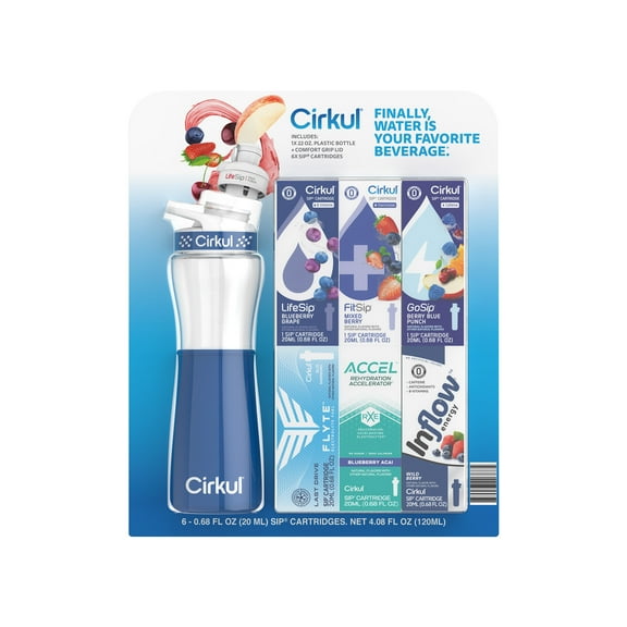 Cirkul 22 fl oz Plastic Bottle and Navy Chill Sleeve Value Pack with 6 Flavor Cartridges