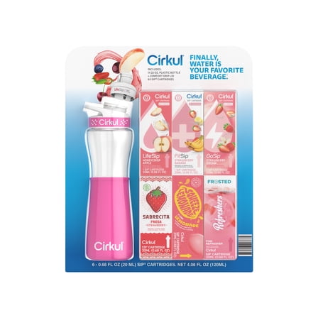 Cirkul 22 fl oz Plastic Bottle and Pink Chill Sleeve Value Pack with 6 Flavor Cartridges