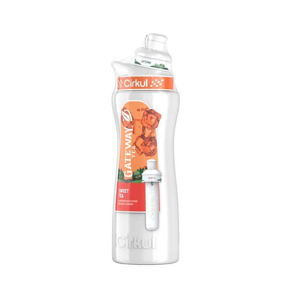 Cirkul 22 oz. White Stainless Steel Bottle with Orange Lid & Gateway Tea Sweet Tea Flavor Cartridge, No Sugar, Zero Calories
