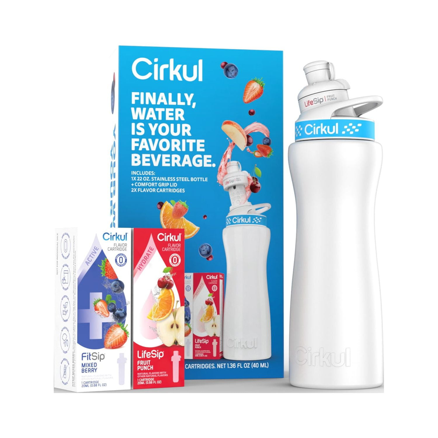 Cirkul WMT_SKBUNDL_22PB2C 22oz White Stainless Steel Water Bottle Starter Kit with Blue Lid and 2 Flavor Cartridges (Fruit Punch & Mixed Berry)