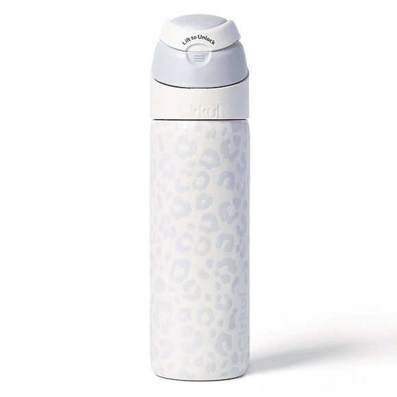 Cirkul 26oz StrawSip Flip Water Bottle, Stainless Steel, Double Wall Insulated, Luxe Leopard (White Leopard)