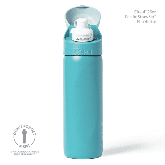 Cirkul 26oz StrawSip Flip Water Bottle, Stainless Steel, Double Wall Insulated, Pacific (Blue)