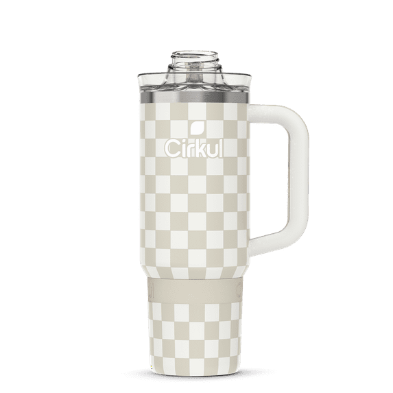 Cirkul 30oz Travel StrawSip Double-Wall Insulated Stainless Steel Tumbler with Handle, Taupe Tartan (Tan & White Checkerboard)