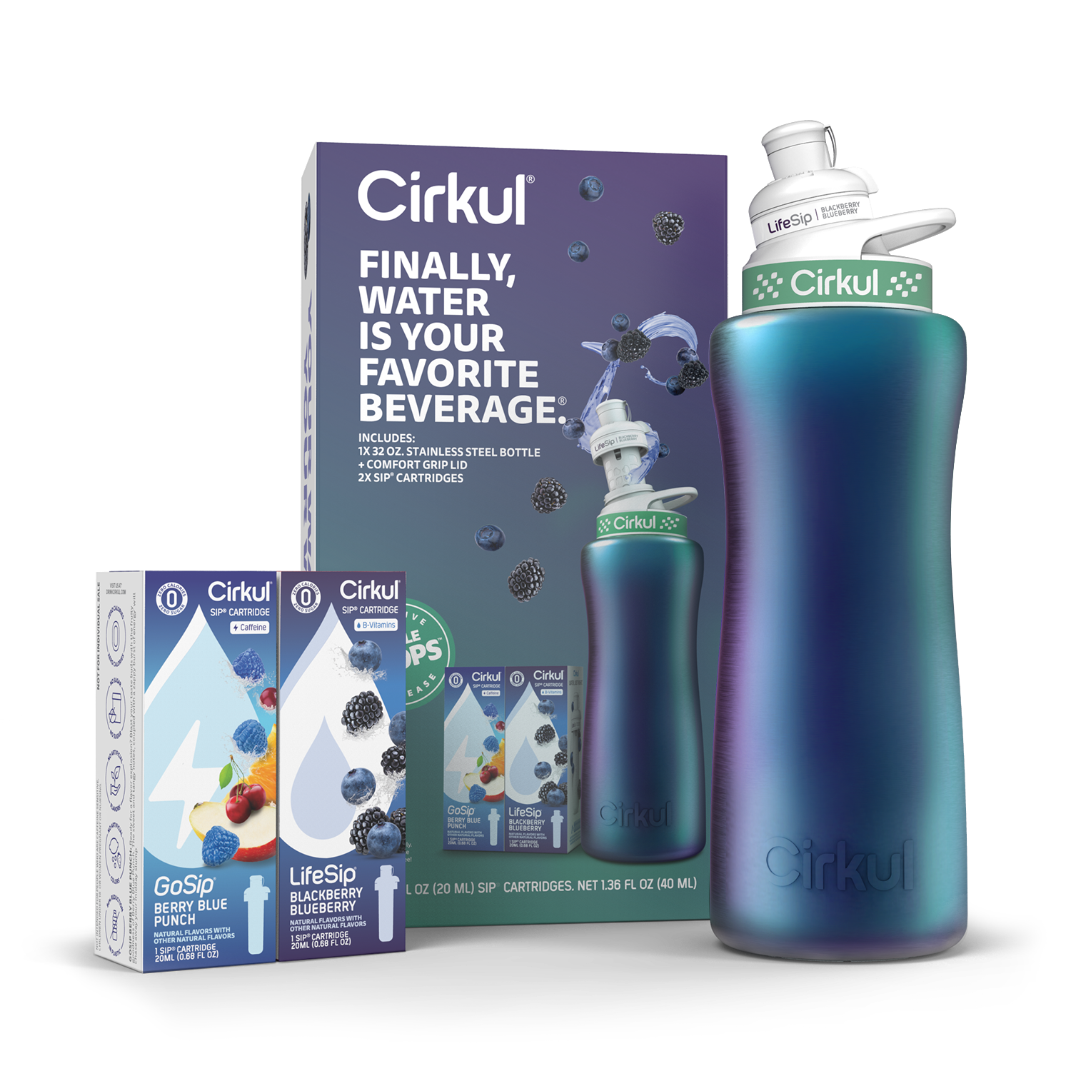 Cirkul 32oz Chameleon Stainless Steel Starter Kit with Teal & White Cirkul Lid 2.0 and 2 Flavor Cartridges (Blackberry Blueberry & Berry Blue Punch) - image 1 of 5