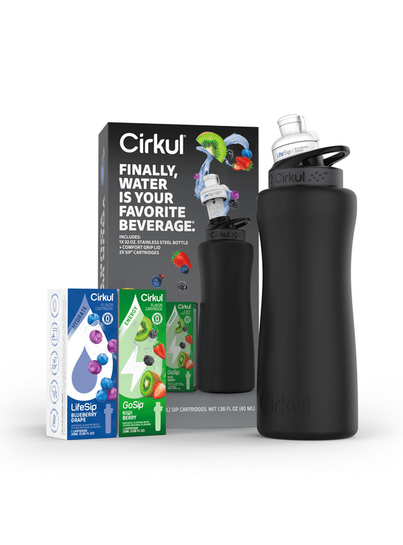 Cirkul 32oz Matte Black Stainless Steel Water Bottle Starter Kit with Black Lid and 2 Flavor Cartridges (Blueberry Grape & Kiwi Berry)