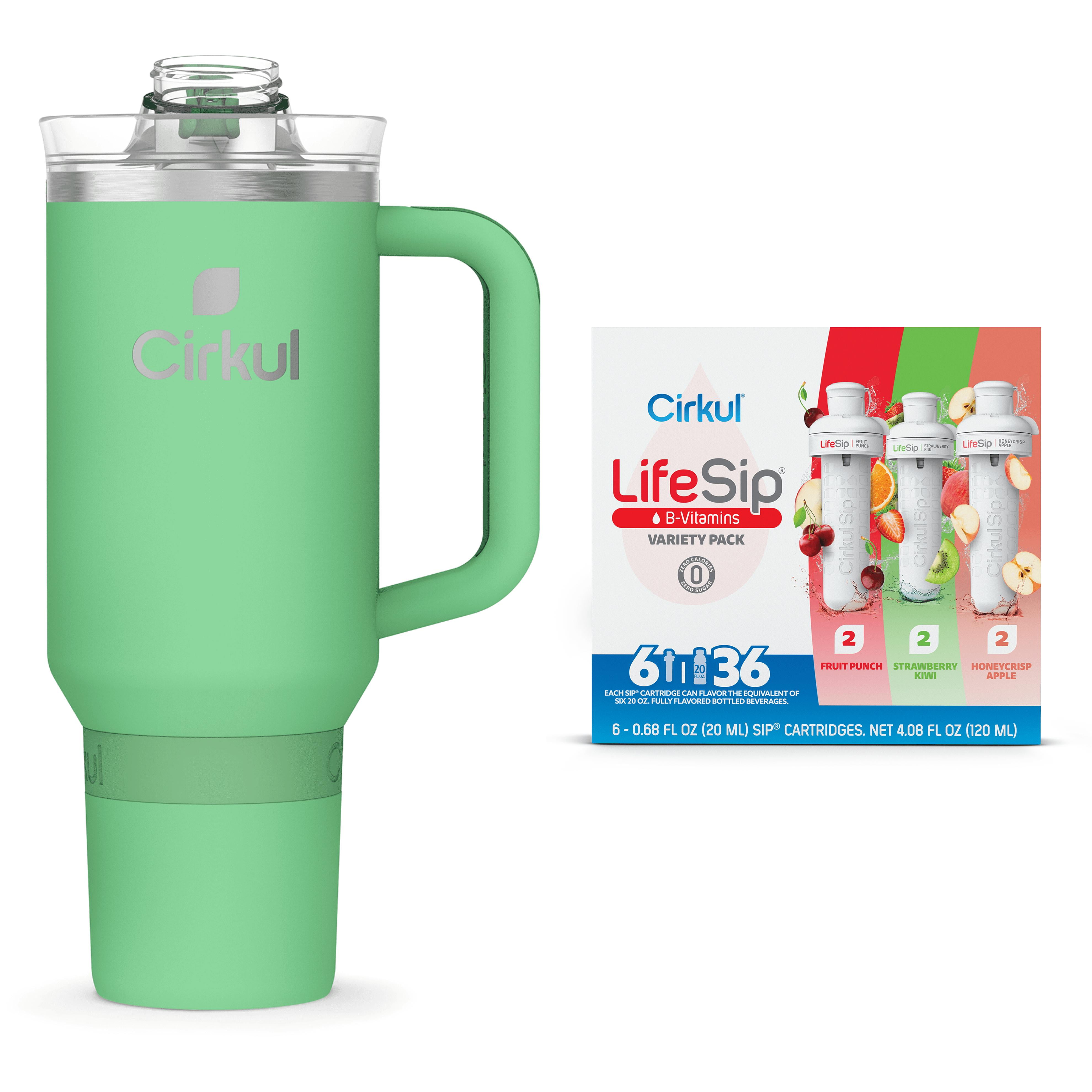 Cirkul 40oz All-Day StrawSip, Eucalyptus Green & Cirkul LifeSip Flavor Cartridge Variety Pack, Drink Mix, 6-Pack