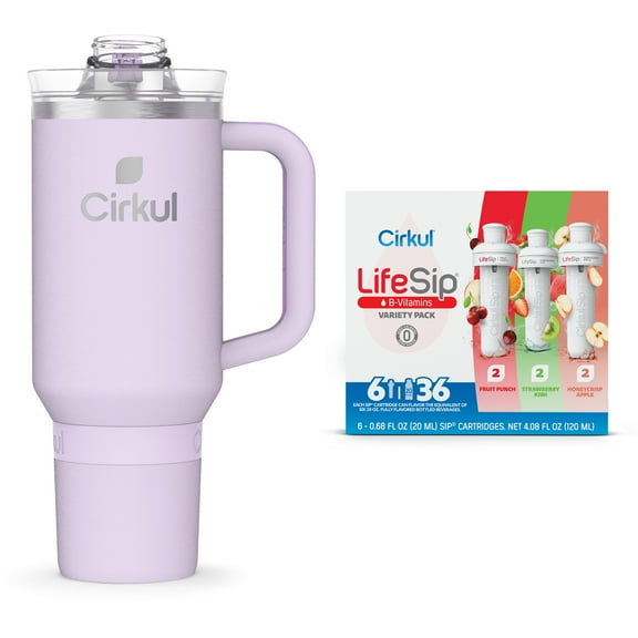 Cirkul 40oz All-Day StrawSip, Lilac Purple & Cirkul LifeSip Flavor Cartridge Variety Pack, Drink Mix, 6-Pack