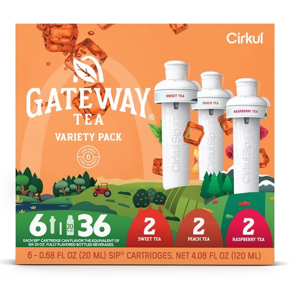 Cirkul Gateway Tea Flavor Cartridge Variety Pack, Drink Mix, 6-Pack (2 Sweet Tea, 2 Raspberry Tea, & 2 Peach Tea)