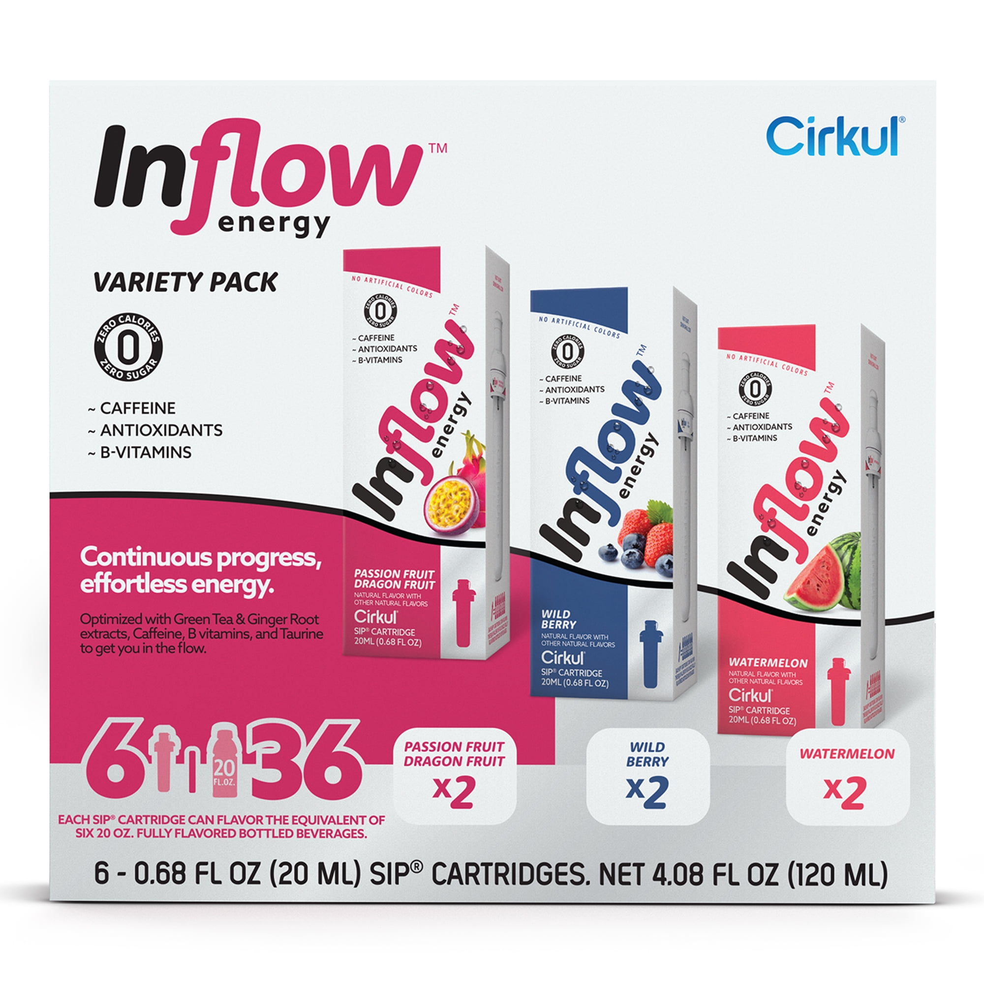 Walmart Deal of Cirkul Inflow Energy Flavor Cartridge Variety Pack, Drink Mix, 6-Pack (2 Passion Fruit Dragon Fruit, 2 Wild Berry, & 2 Watermelon)