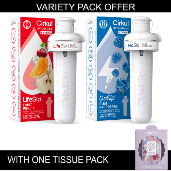 Cirkul LifeSip Fruit Punch & GoSip Blue Raspberry Flavor Cartridges, Variety Pack Set, Zero Sugar & Zero Calories, Includes 1 Tissue Pack