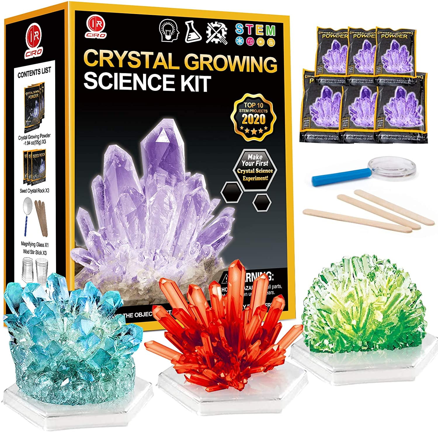 Ciro Crystal Growing Science Experimental Kit 3 Vibrant Crystals Easy to Follow Educational Gift for Kids