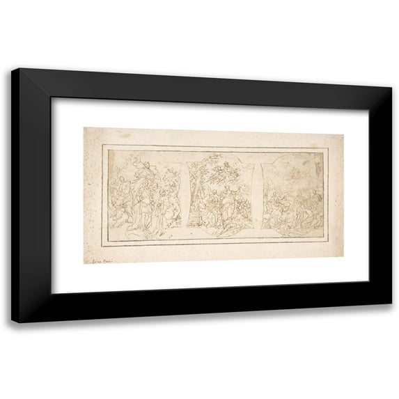 Ciro Ferri 14x9 Black Modern Framed Museum Art Print Titled - Drawing for Ceiling Decoration Consisting of Three Panels Each Showing a Different Scene with Figures (1634-89)