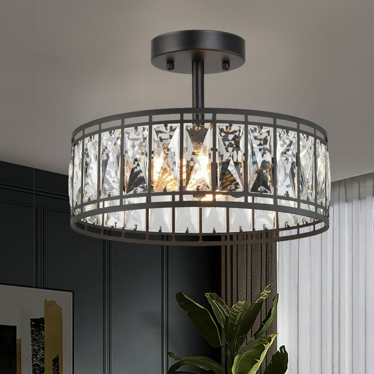 Cirstal Modern Black 2 Light Drum Chandelier Crystal Semi Flush