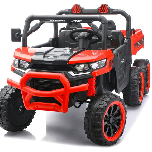 Cirui 24V 2 Seater Ride on Dump Truck, 4WD 6-Wheel Ride on Toys for Kids with Remote Control, Ride on UTV Car with Electric Dump Bed, Toy Shovel, LED Lights & Music for 3~8 years Child,Red