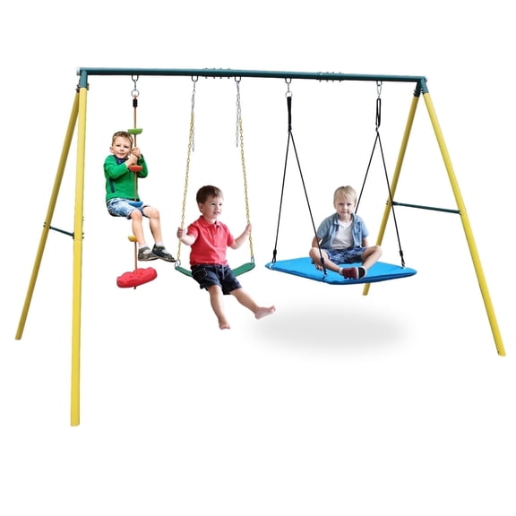 Mersco Metal Swing Sets for Backyard for Kids 3-8, 3 in 1 Swing Sets for Outside, Heavy-Duty Playground Backyard Set with Two Swings, One Rope