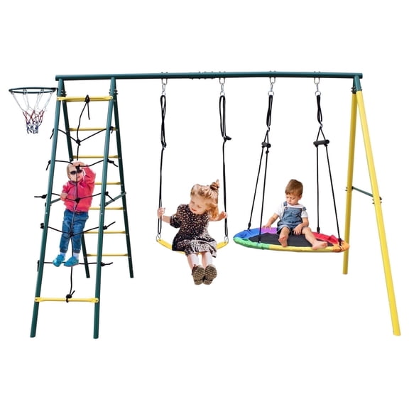 Mersco Swing Sets for Outside Backyard, 4 in 1 Heavy Duty Extra Large Metal Swing Frame with 2 Tree Swing, Climbing Ladder, Net, Basketball Hoop, Ground Stake, Outdoor Playset Great Gift for Kids