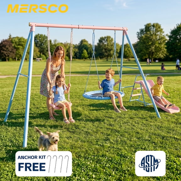 Mersco Baby Swing Set with Slide, 3-in-1 Outdoor Playset for Backyard with Flying Saucer & Classic Swing, Sturdy Metal Frame Playground Swing Set Toy for Kids,Pink