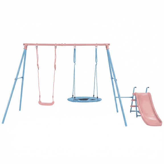 Mersco Baby Swing Set with Slide, 3-in-1 Outdoor Playset for Backyard with Flying Saucer & Classic Swing, Sturdy Metal Frame Playground Swing Set Toy for Kids,Pink