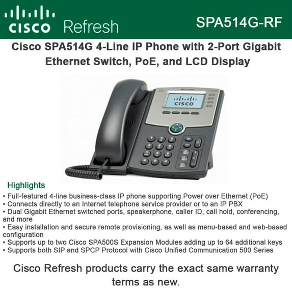 Cisco SPA514G Refresh 4-Line IP Phone with 2-Port Gigabit Switch PoE LCD Display
