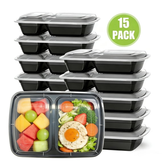 GARITIN Meal Prep Containers with Lids, 15 Pack 2-Compartment, Reusable Food Storage Containers for Lunch, Microwave & Freezer Safe, Plastic To-Go Containers for Meal Prepping, Leftovers, Takeout