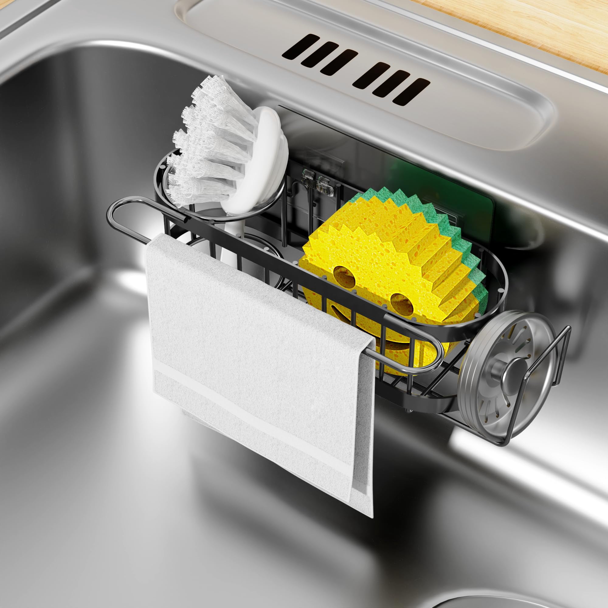 Adhesive Sponge Holder + Dish Cloth Hanger, 2-in-1 Sink Caddy, SUS304 Stainless Steel Rust Proof Water Proof, No Drilling