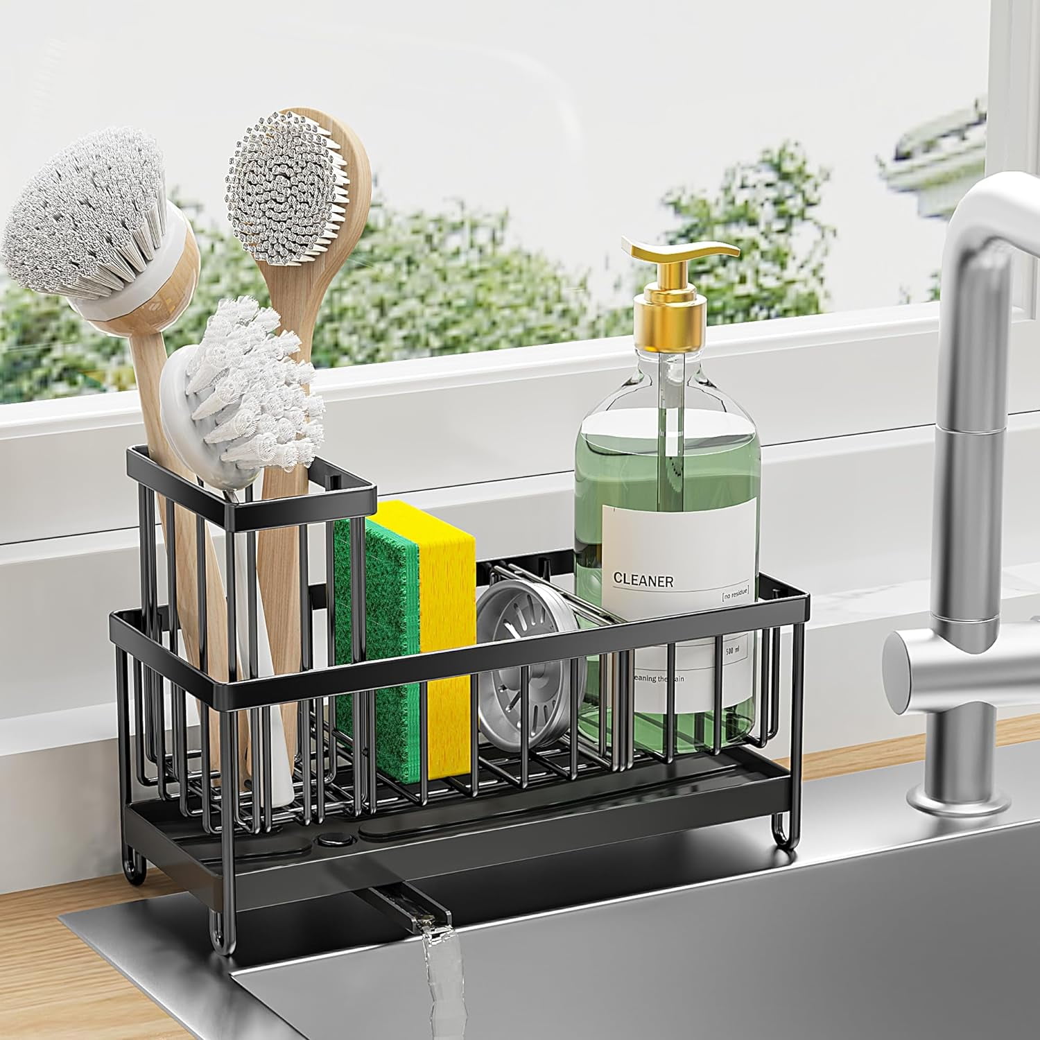 Black Stainless Steel Kitchen Sink Sponge Holder with Brush Organizer