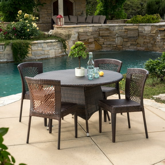 Cisneros 5 Piece Outdoor Round Wicker Dining Set, Multibrown