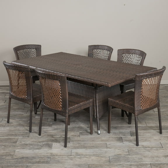 Cisneros 7 Piece Rectangular Outdoor Wicker Dining Set, Multibrown