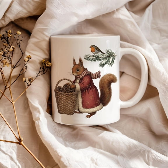 Cistmas Squirrel Mug, Vintage day Gift, Woodland Animal Coffee Cup, Robin Bird Mug, Cottagre Cistmas.