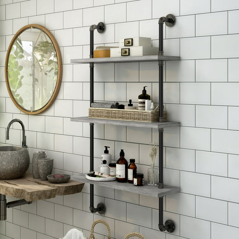 Citadel 3-Shelf Wood Floating Wall Shelf, Vintage Gray Oak