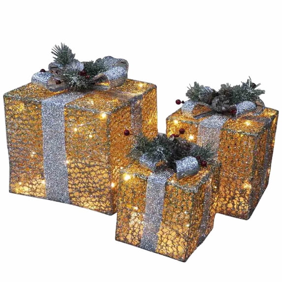 Citi-Talent Christmas 2-Tone Gold Outdoor Lighted Fabric Gift Box Lawn Decoration - Set of 3