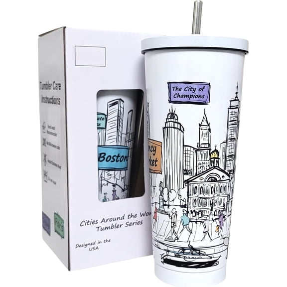 Cities Around the World 25 Oz Tumbler Series - Designed in the - Vacuum Insulated Tumbler with & Straw - Stainless Coffee Water Travel Mug, Cup for Hot Cold Drink (Boston)