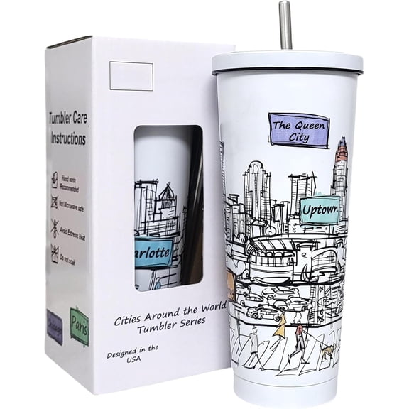 Cities Around the World 25 Oz Tumbler Series - Designed in the - Vacuum Insulated Tumbler with & Straw - Stainless Coffee Water Travel Mug, Cup for Hot Cold Drink (Charlotte)