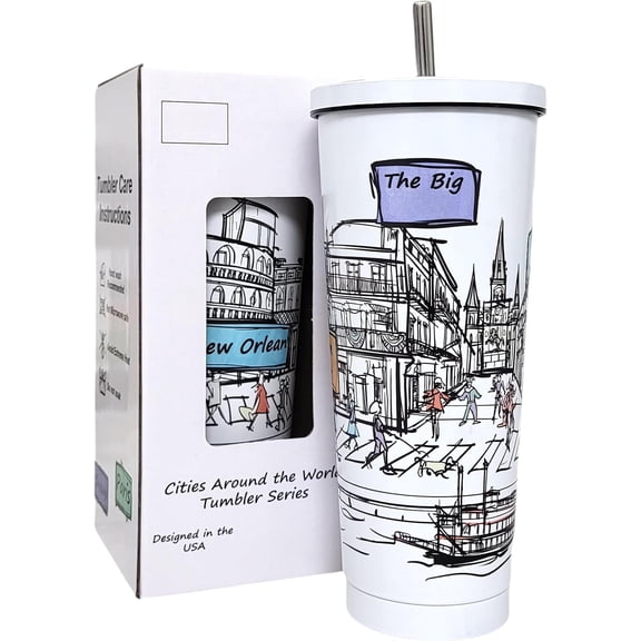 Cities Around the World 25 Oz Tumbler Series- Designed in the - Vacuum Insulated Tumbler with Straw - Stainless Coffee Water Travel Mug, Cup for Hot Cold Drink ( Orleans)