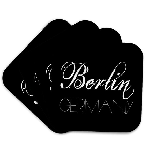 3drose, Cities of the World - Berlin Germany White Text on Black Background, Set of 4 Coasters - Soft