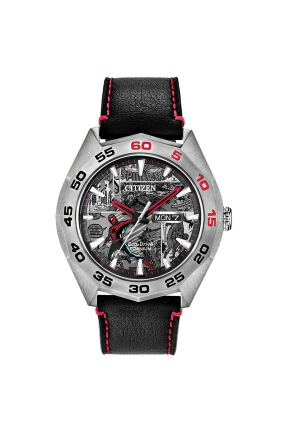 AW0061-01W Men's Marvel Black Leather Strap Watch